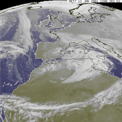 E' ben visibile tra la penisola bretone e il Friuli la netta linea dell'aria fredda in arrivo da N-E, il 12 gennaio 2001.