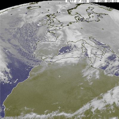 immagine meteosat del 27-02-01, ore 22:00: sul nord-ovest  in atto una furiosa nevicata, alimentata dal minimo depressionario centrato sul golfo di Genova.